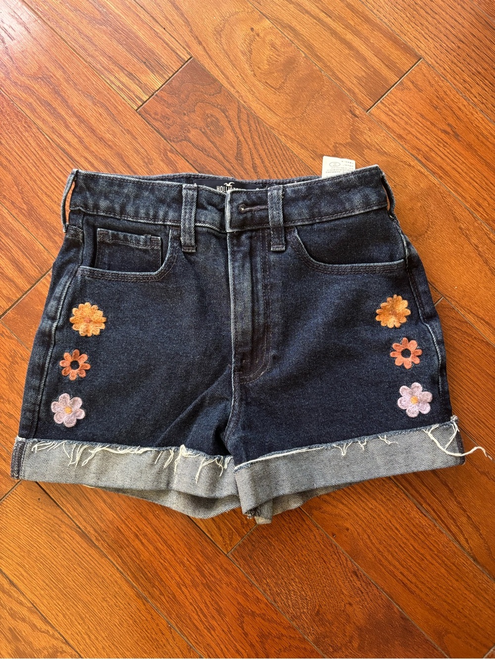 Hollister Dark Wash Denim Shorts with Floral Patches